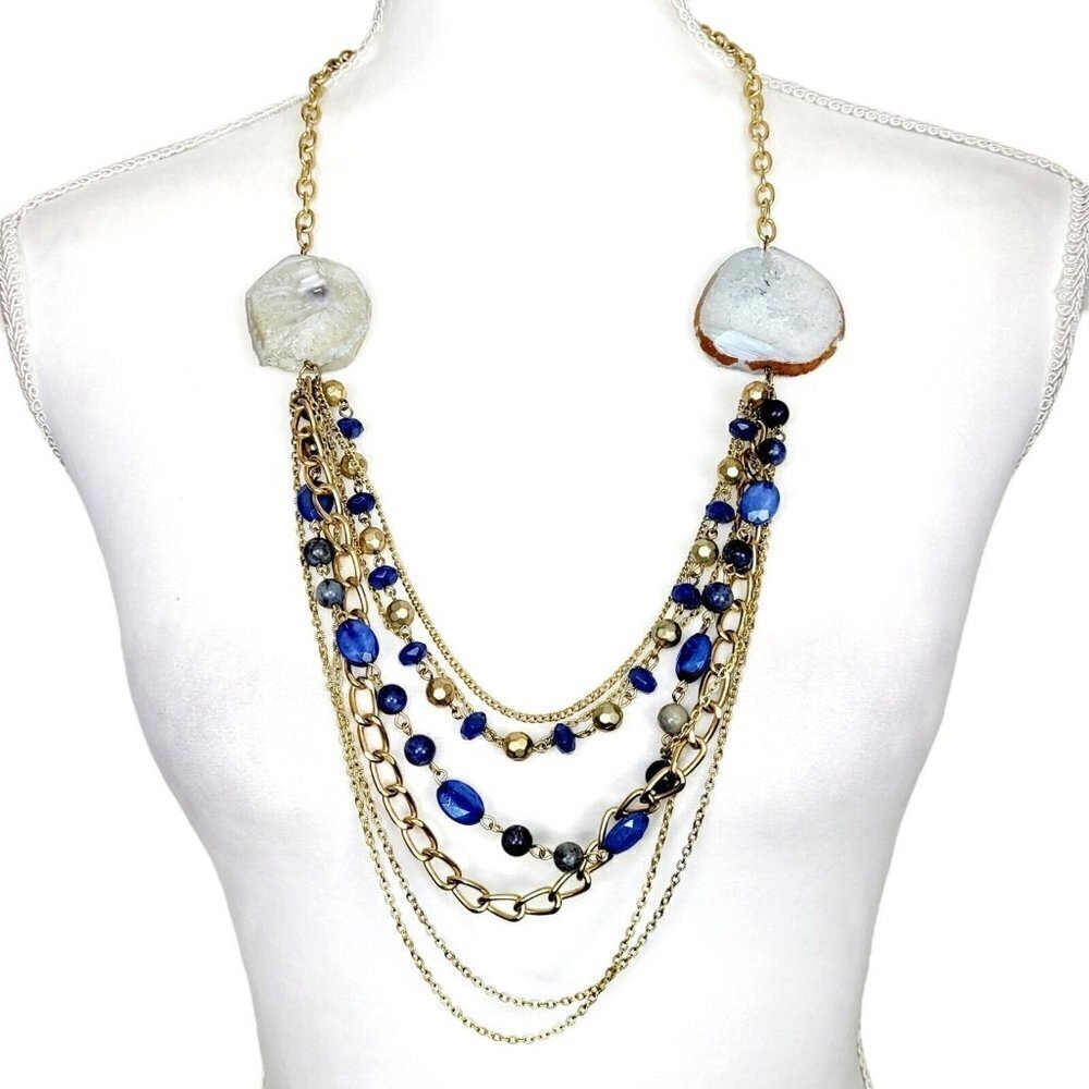Large Multi-Gemstone Necklace Multi-Strand Gold Tone Statement Chains & Beads - Picture 2 of 9